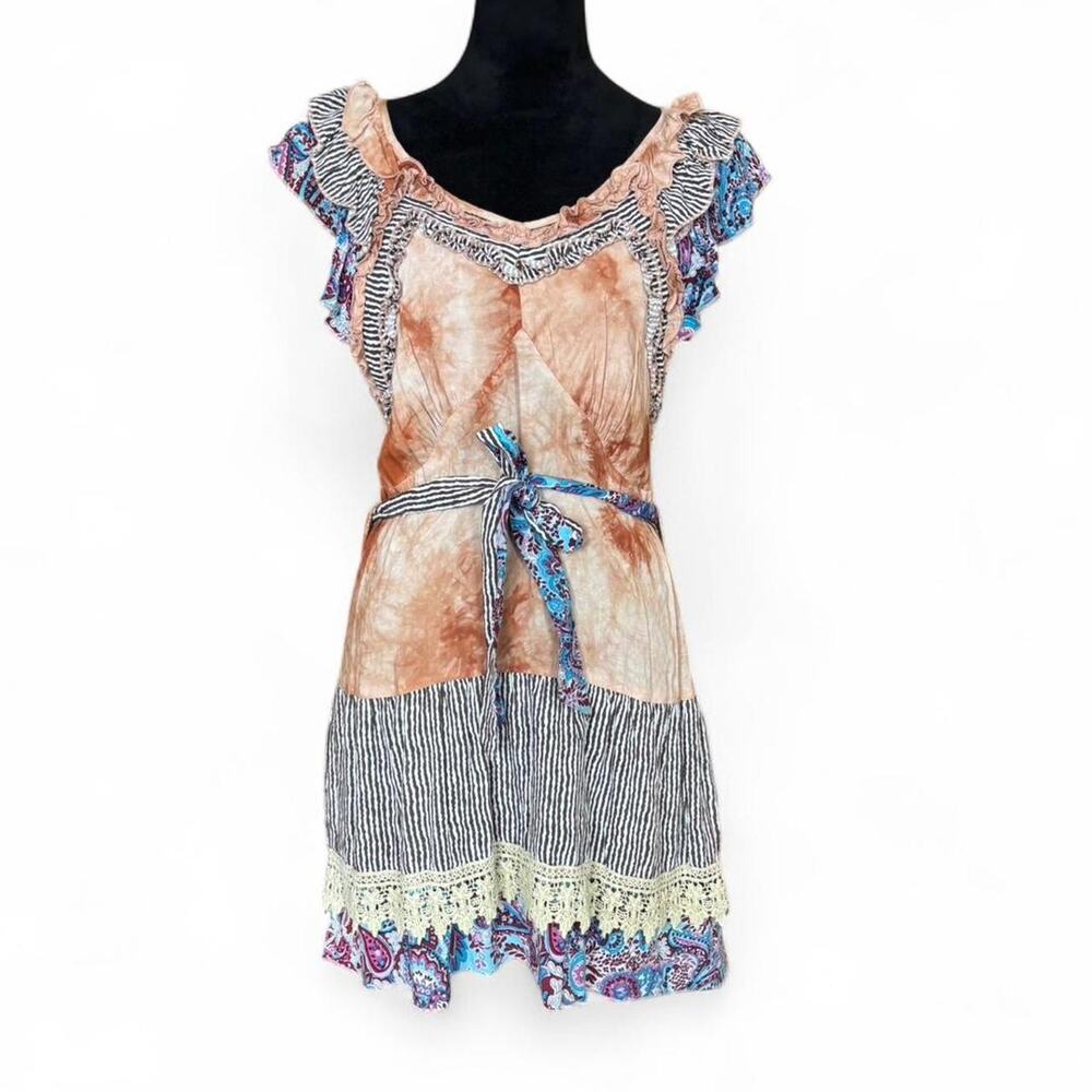 Y2K Fantazia Boho Patchwork Dress – fairycore ruffle midi S/M